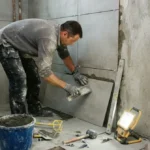 Glazurnik układa płytki w łazience podczas wykończenia mieszkania
