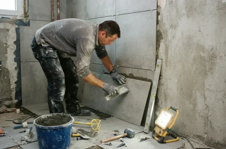 Glazurnik układa płytki w łazience podczas wykończenia mieszkania